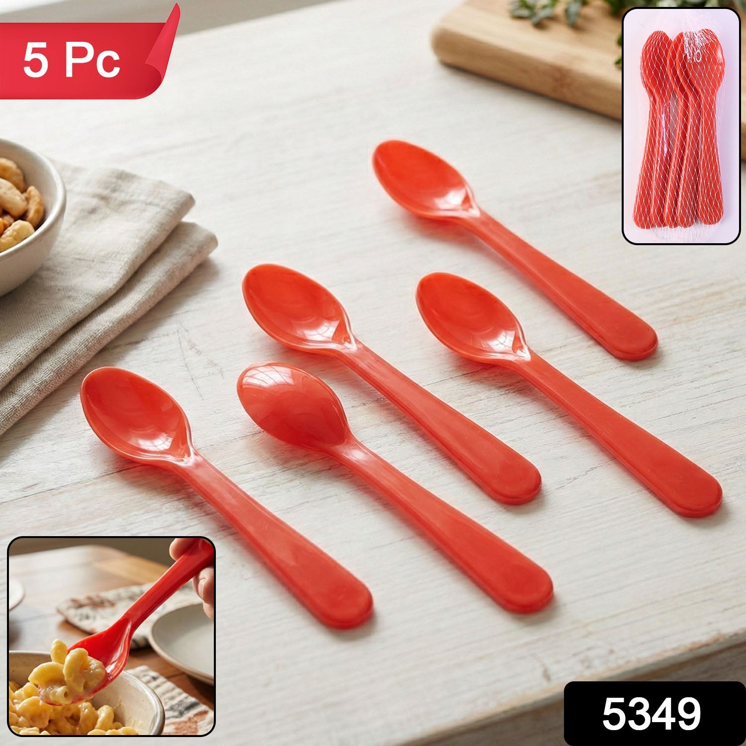 Five plastic spoons in their retail packaging with SKU