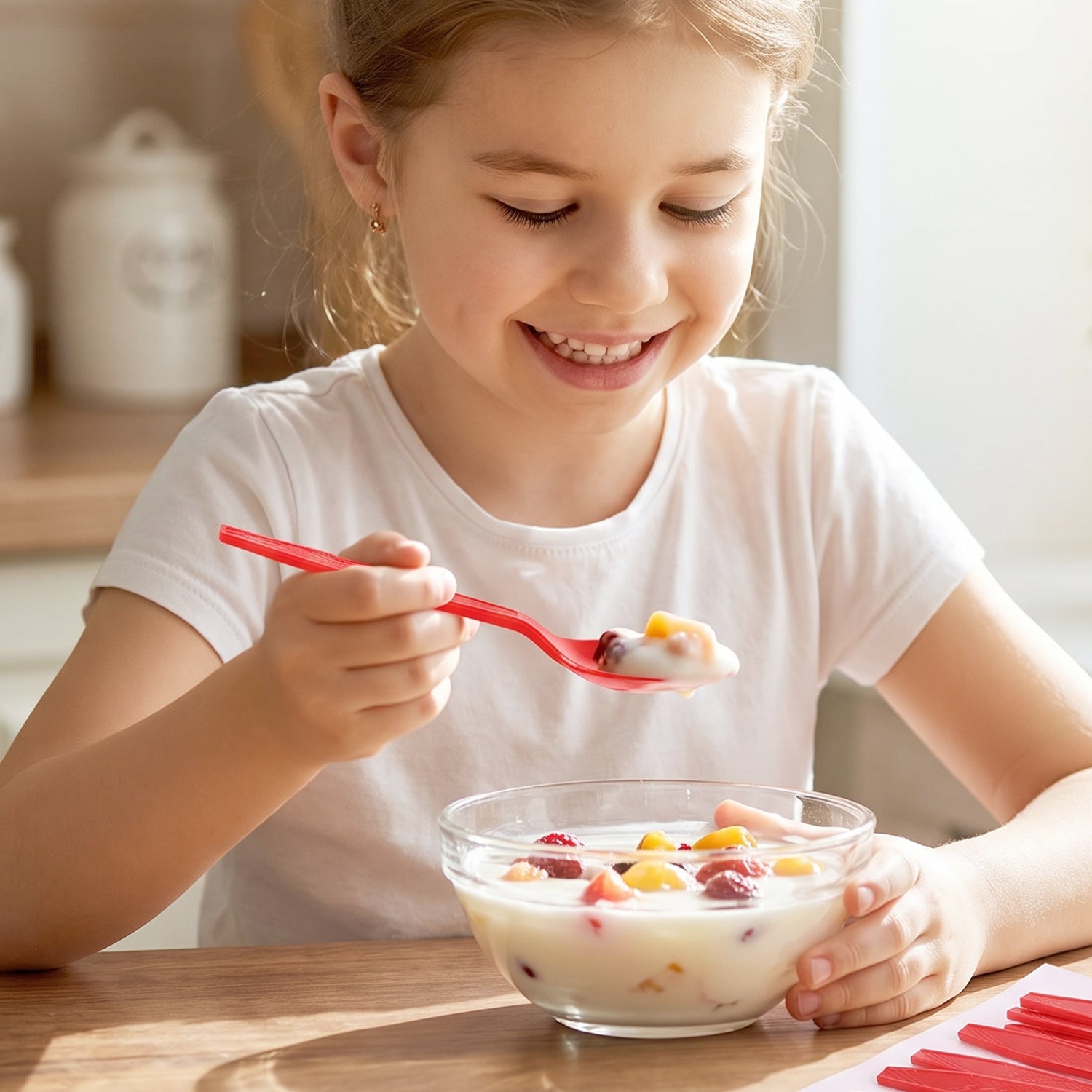 A smiling girl eats fruit and yogurt from a clear bowl with a red plastic spoon.