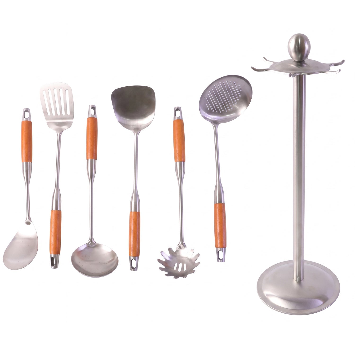 Stainless steel kitchen tool set on white background