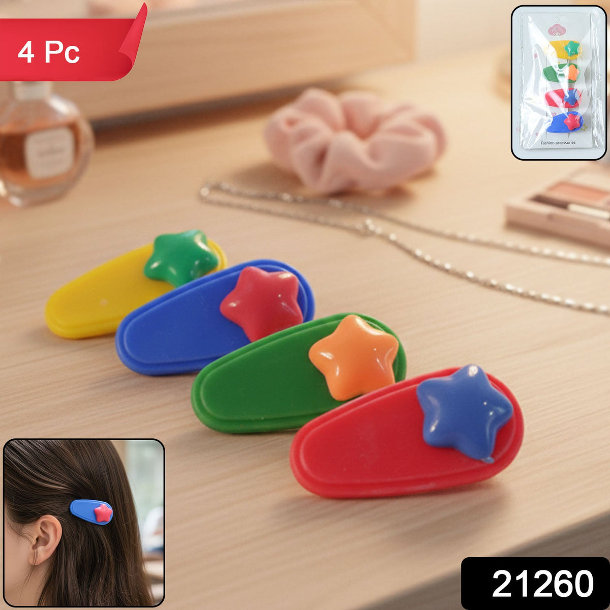 Colorful star hair clip holding styled hair