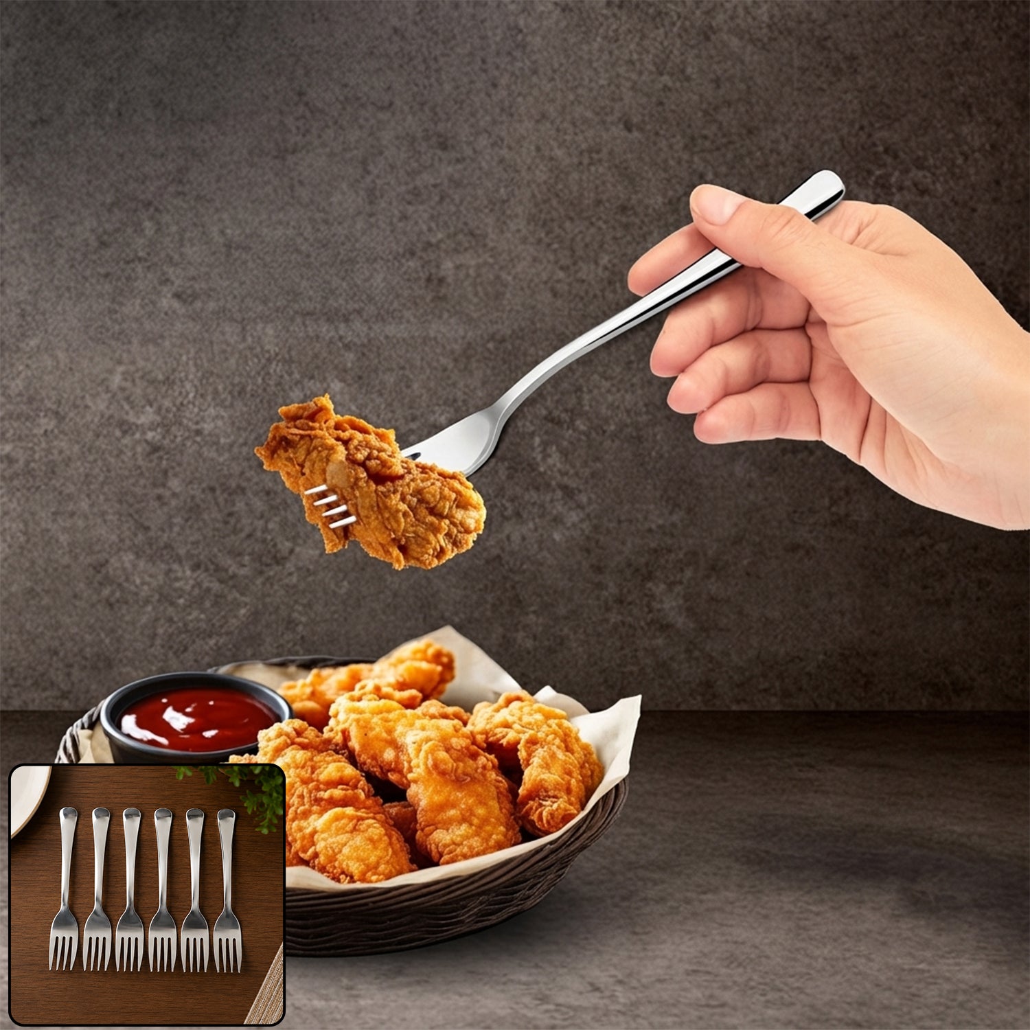 Six forks arranged in a row