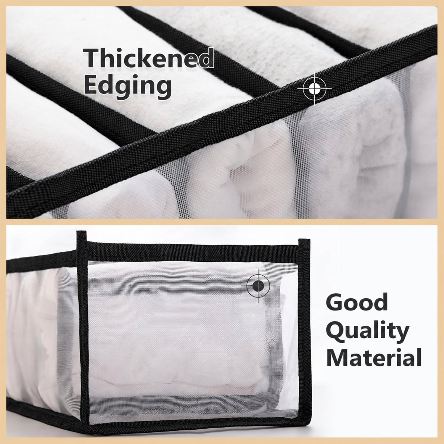 Two close-up views of the organizer, highlighting the thickened black edging and the good quality white mesh material.