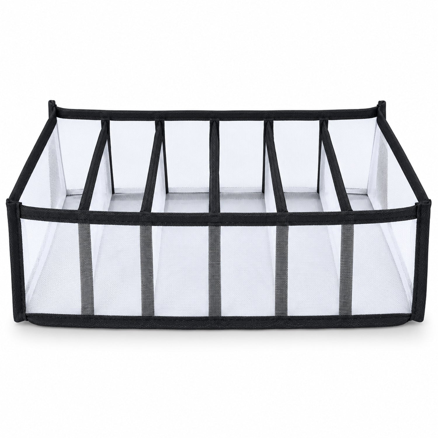 A white mesh and black fabric 6-section drawer organizer is shown on a white background.