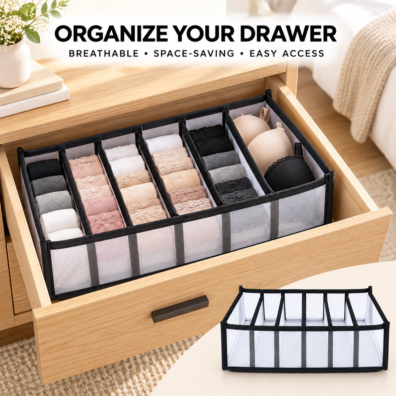 A drawer organizer filled with socks, underwear, and bras in a light wooden drawer, with text "ORGANIZE YOUR DRAWER".