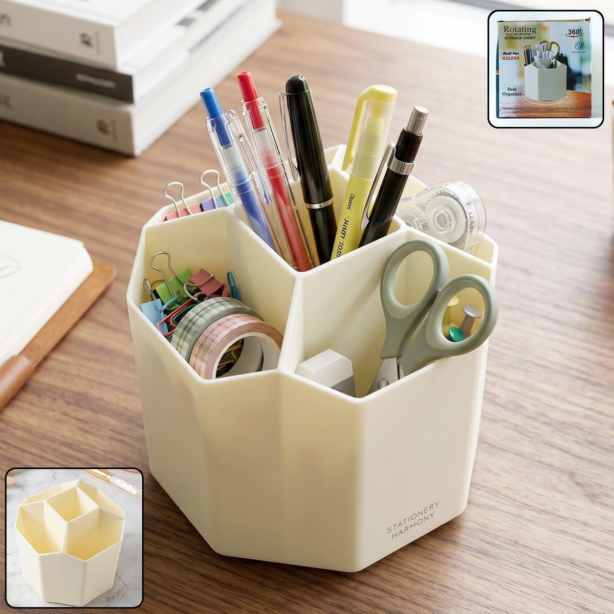 Cream 360 degree rotating desk organizer with multiple compartments for office and home use