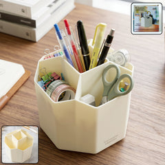 Cream 360 degree rotating desk organizer with multiple compartments for office and home use
