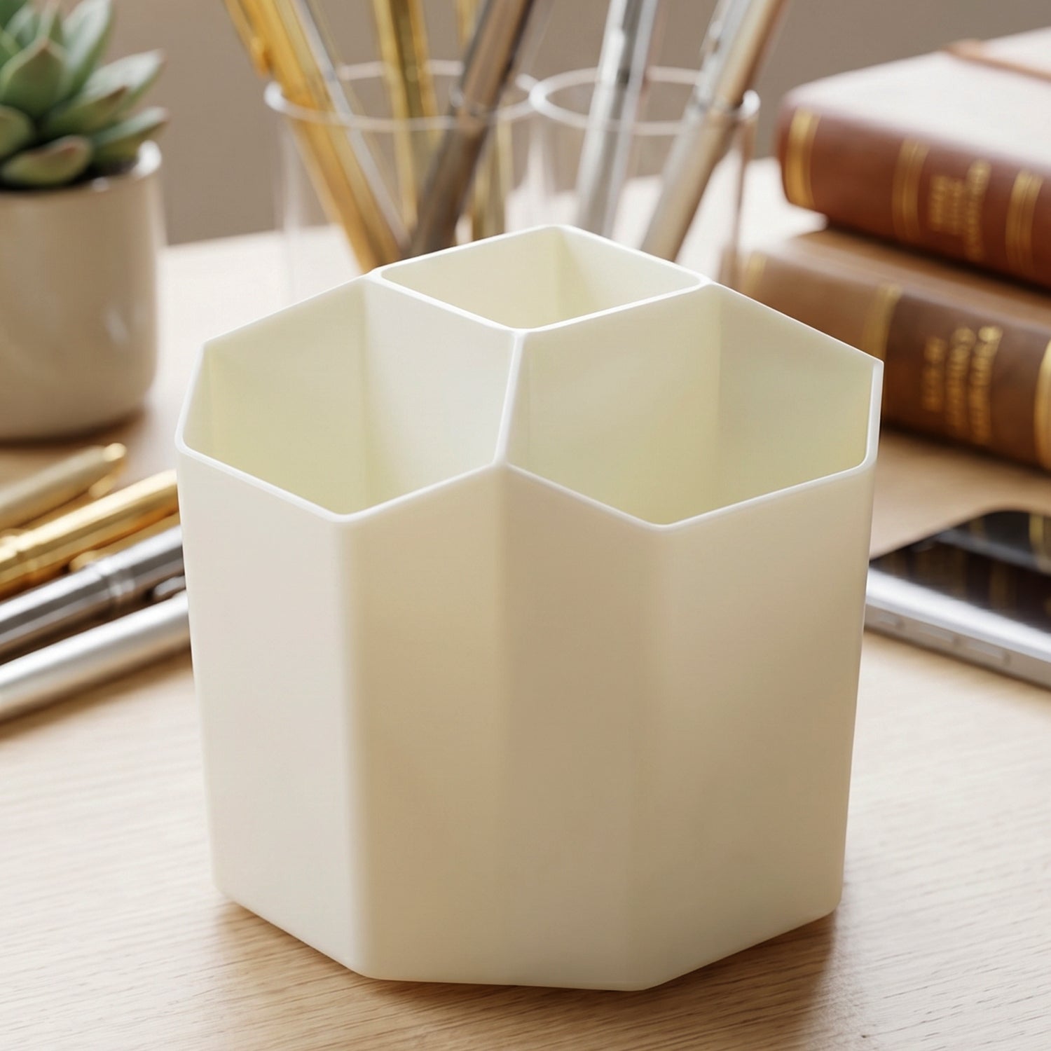 Multiple images showing features of cream 360-degree rotating pen holder