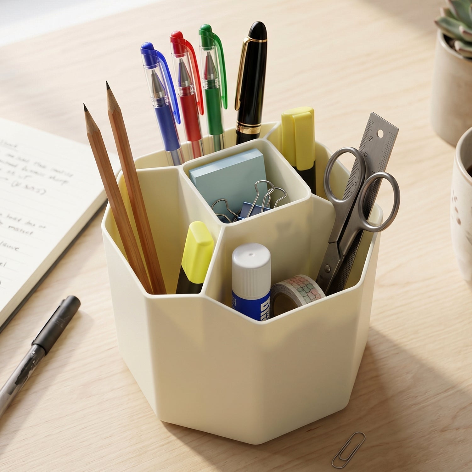 Top view of cream 5-compartment stationery caddy for office or study