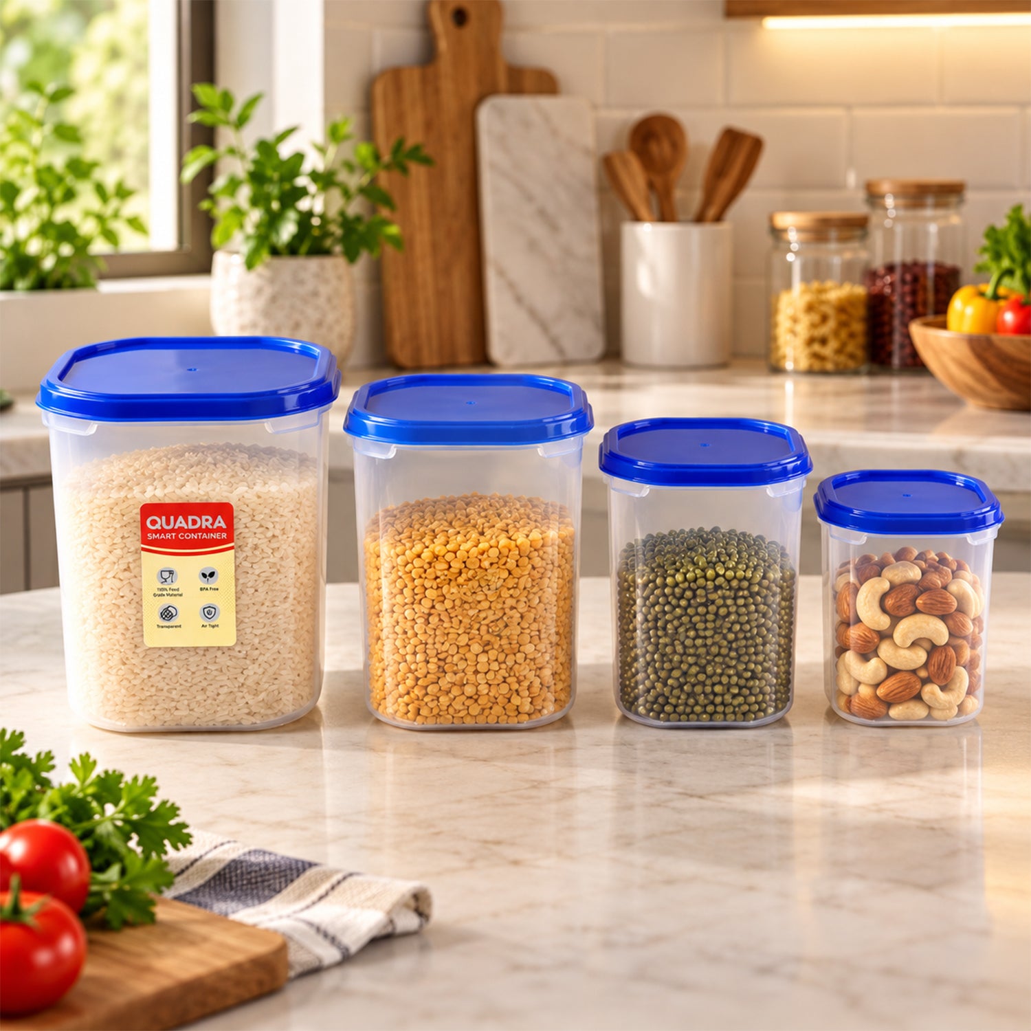 Four clear plastic containers with blue lids filled with rice, lentils, mung beans, and mixed nuts on a kitchen counter.