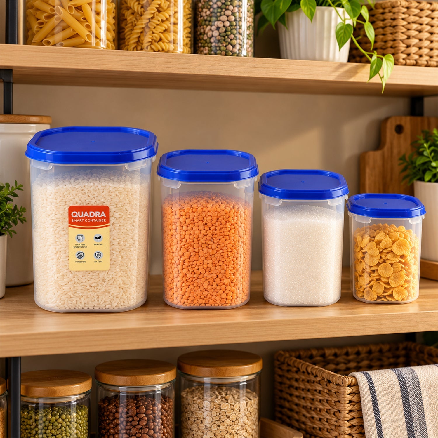 Four clear plastic containers with blue lids, holding rice, lentils, sugar, and cornflakes, arranged on a wooden shelf.