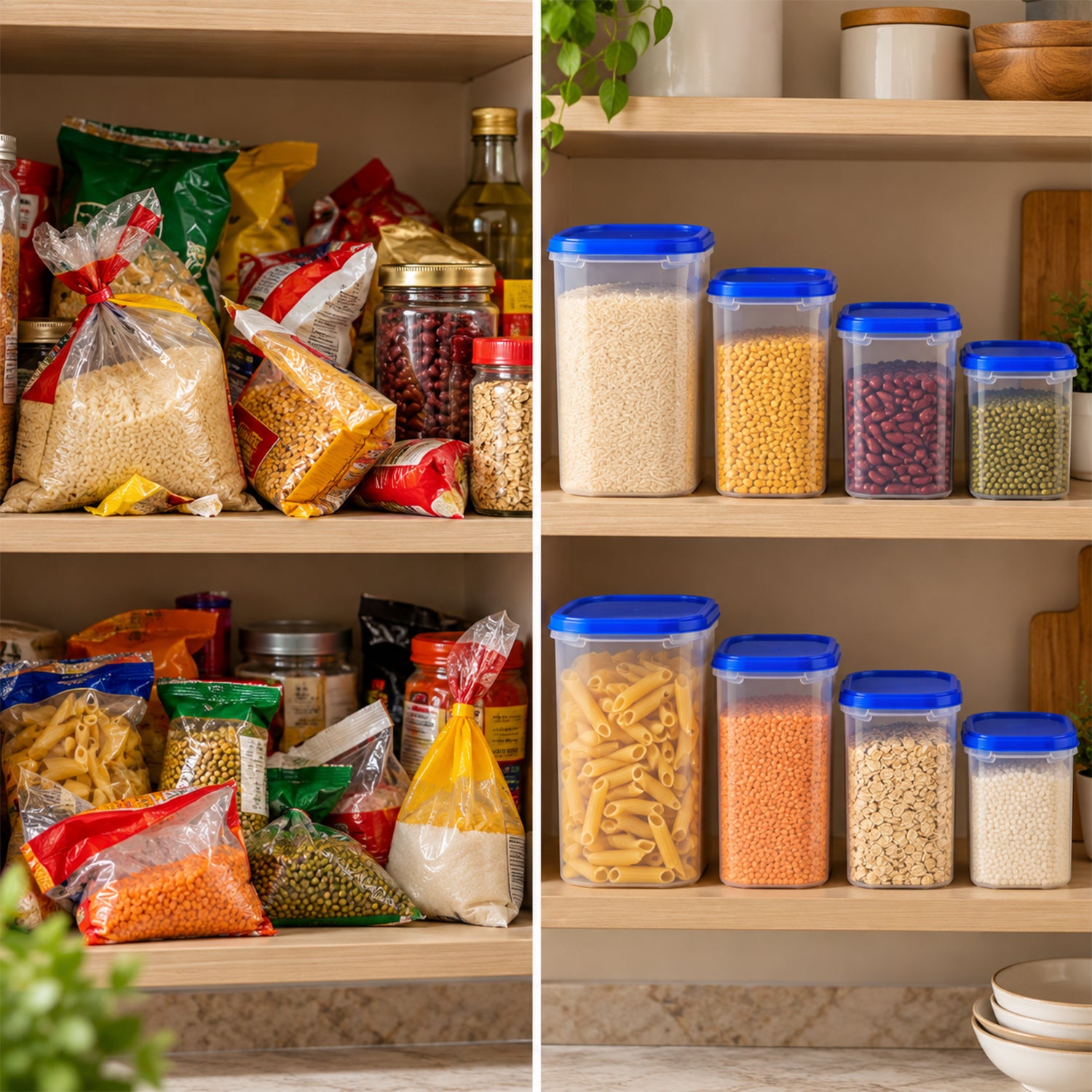 A split image showing a messy pantry shelf on the left and organized containers on a shelf on the right.
