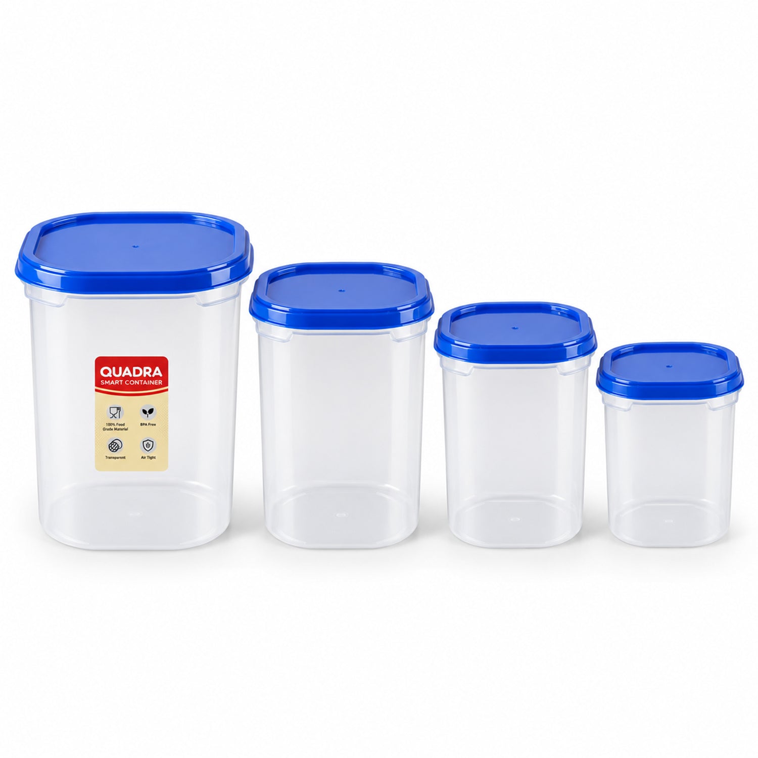 Four empty, clear plastic storage containers with blue lids, varying in size, displayed against a plain white background.