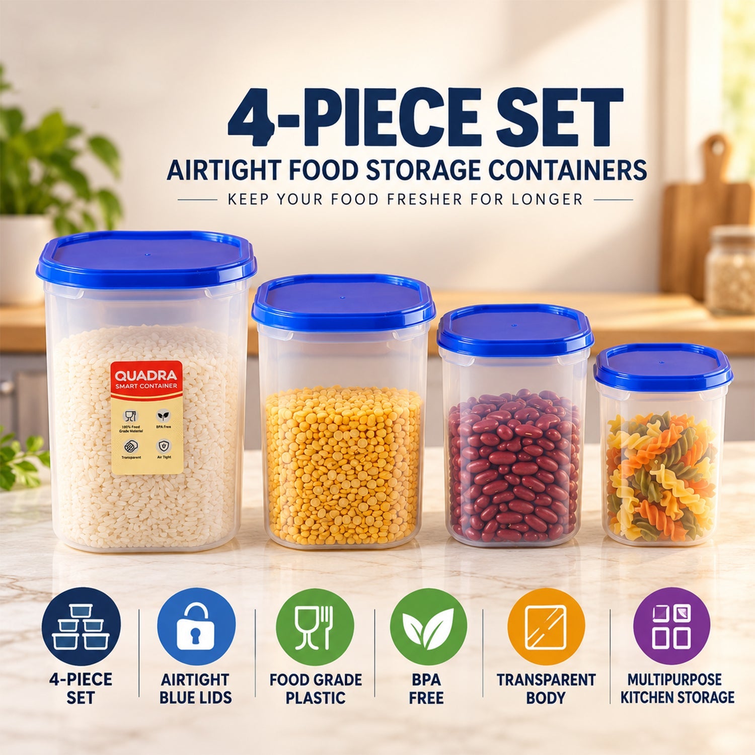 Four clear plastic containers with blue lids, filled with rice, corn, beans, and pasta, with product features listed below.