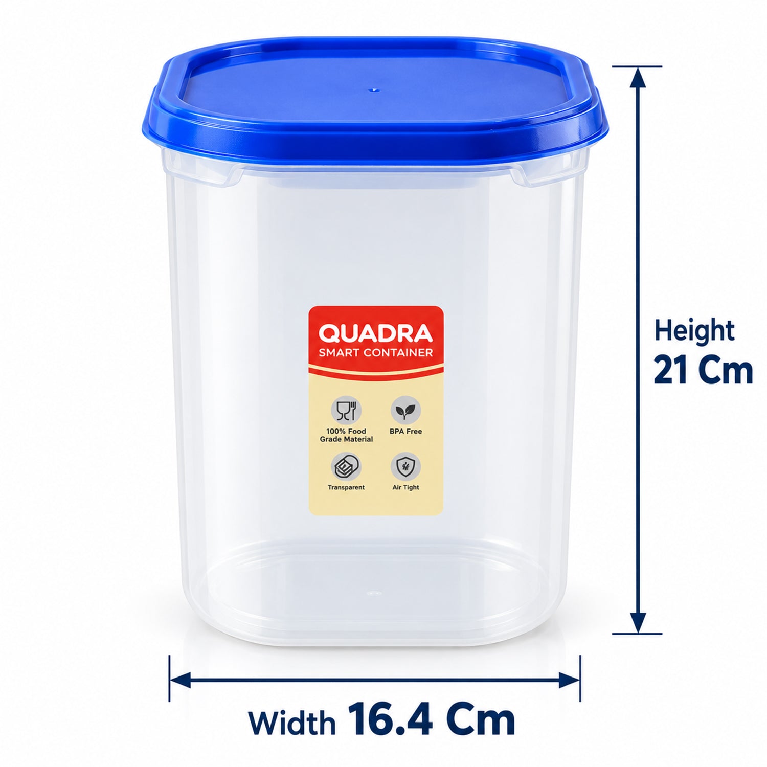 A single clear plastic container with a blue lid, showing its height of 21 cm and width of 16.4 cm against a white