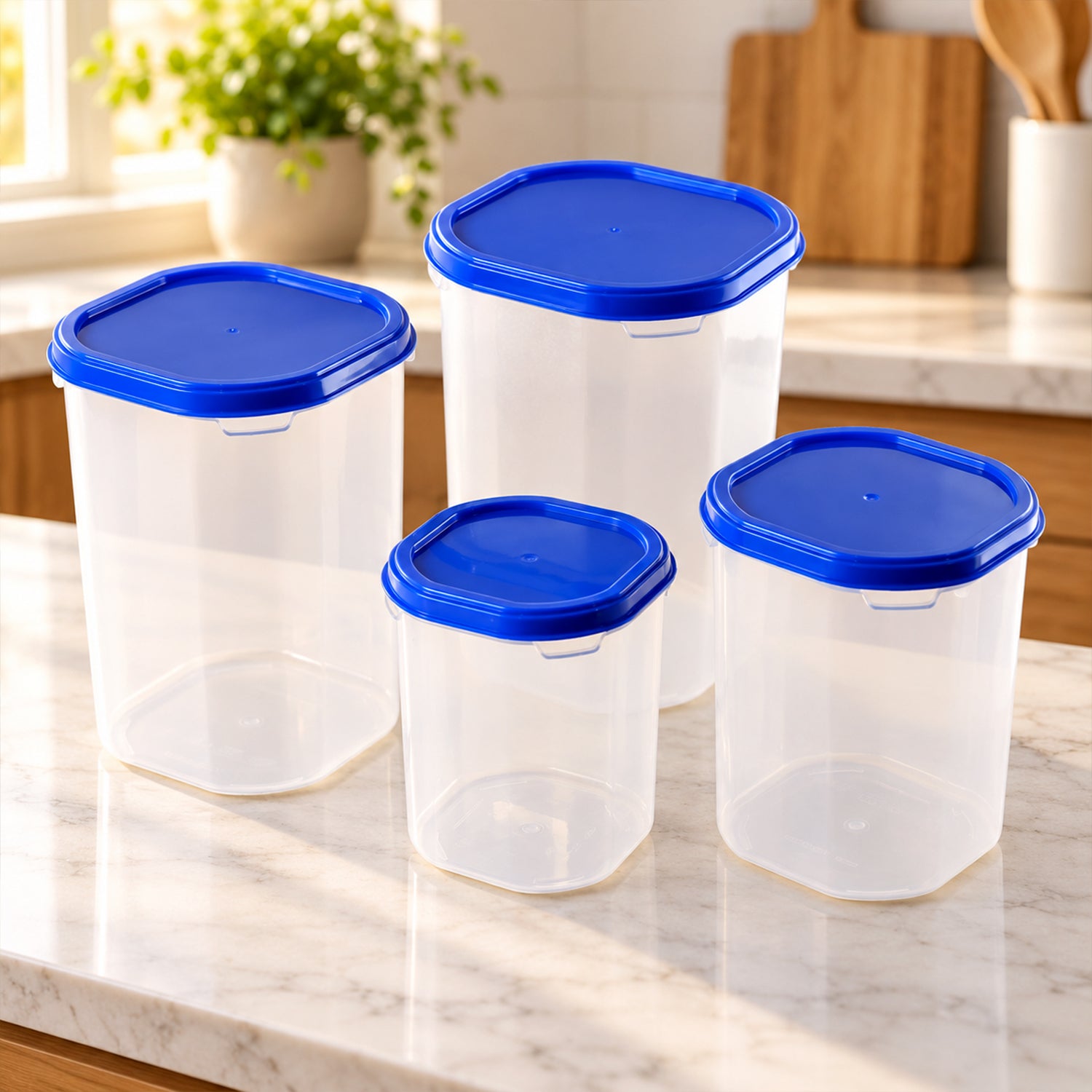 Four empty, clear plastic containers with bright blue lids, arranged on a light-colored kitchen countertop.