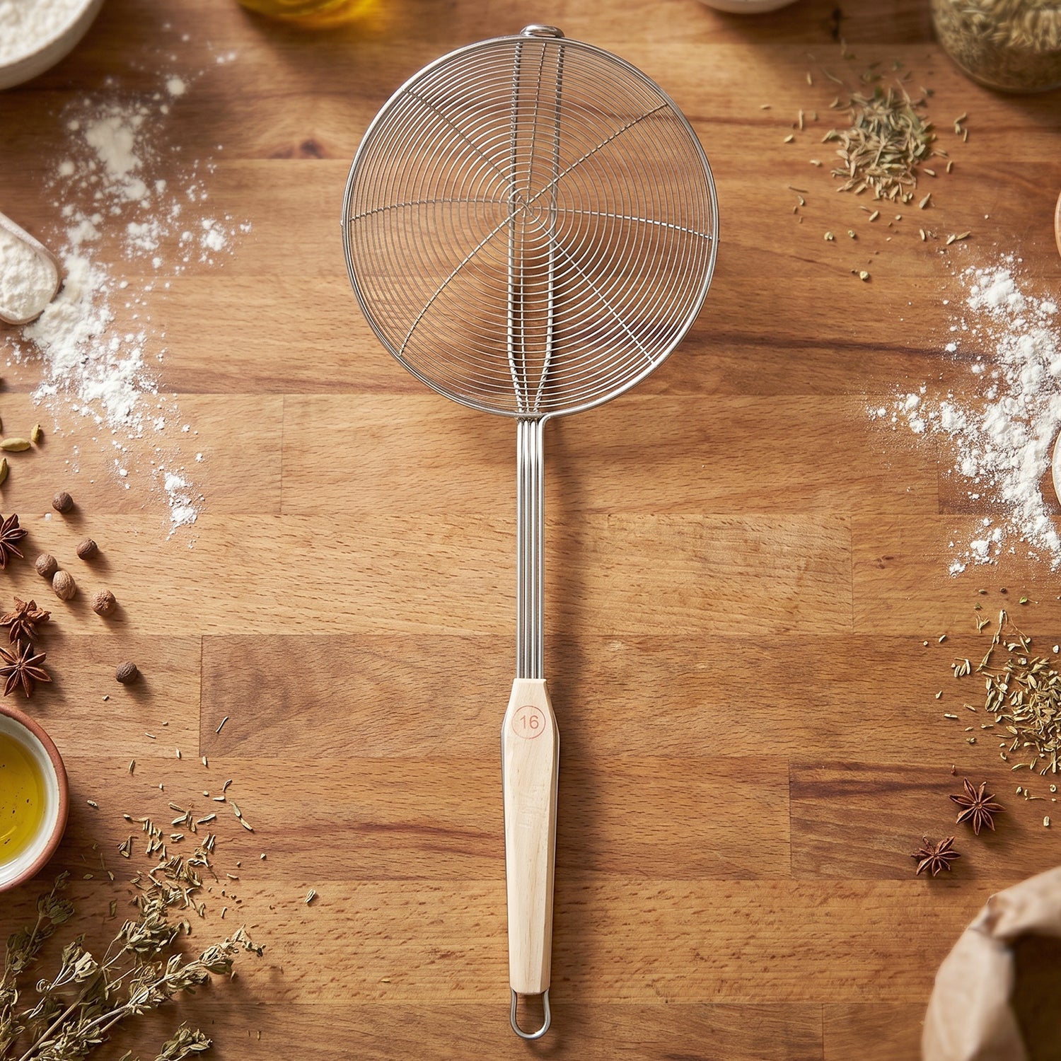 Stainless Steel Frying Skimmer Strainer with Wooden Handle (1 Pc, 45 Cm)