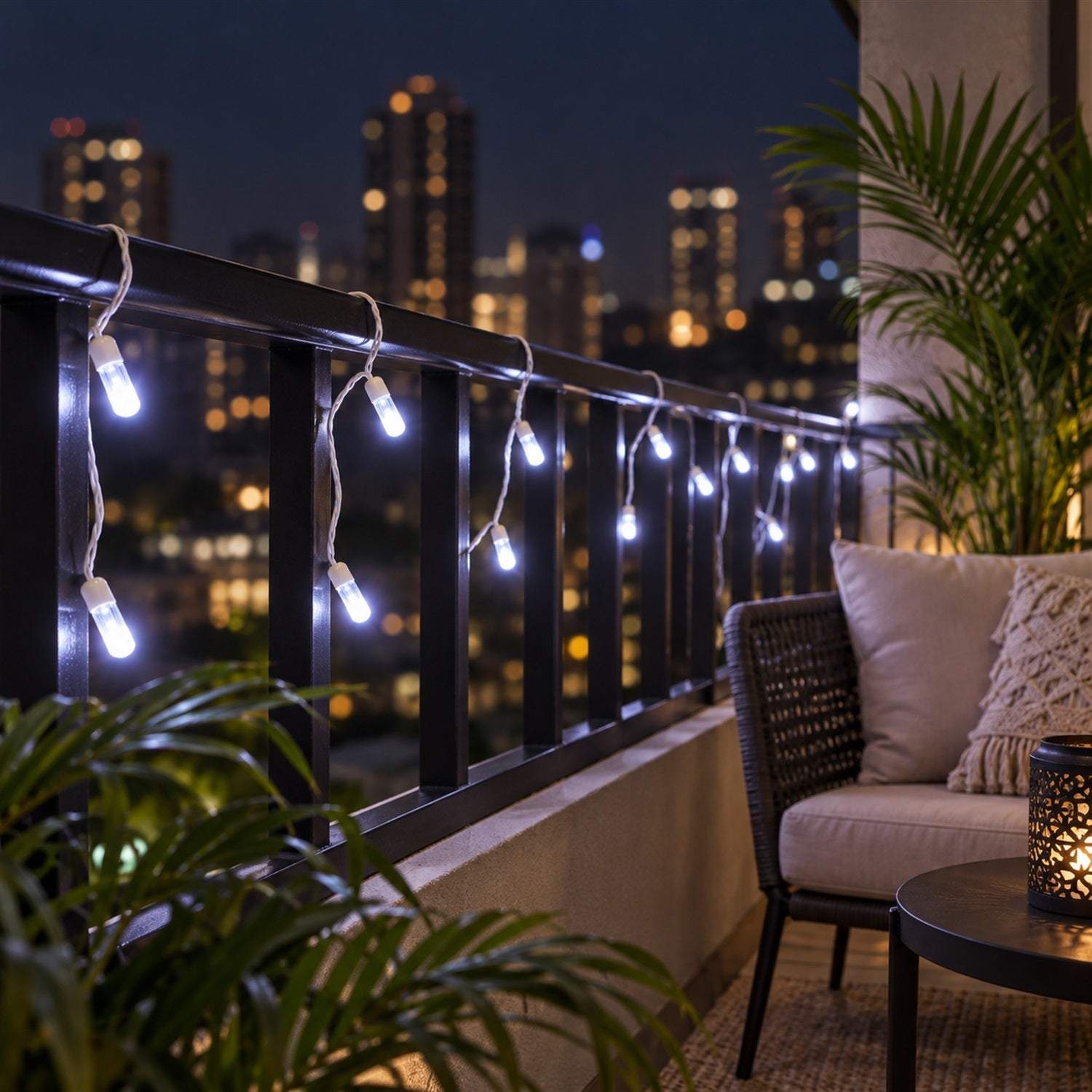 White LED string lights draped along a black balcony railing with a city skyline at nighttime.