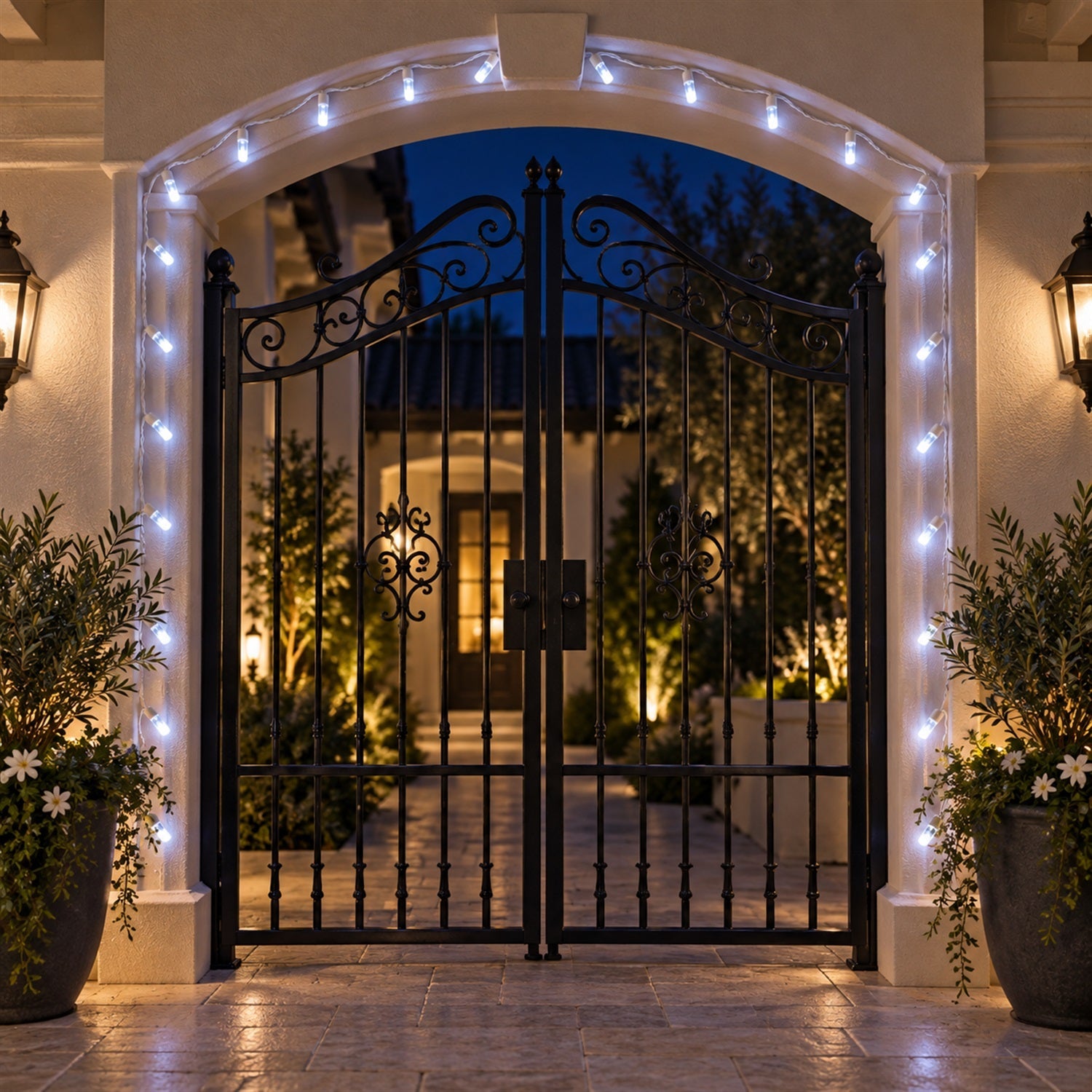 White LED string lights outlining an arched entryway with a large black wrought iron gate and sconces.
