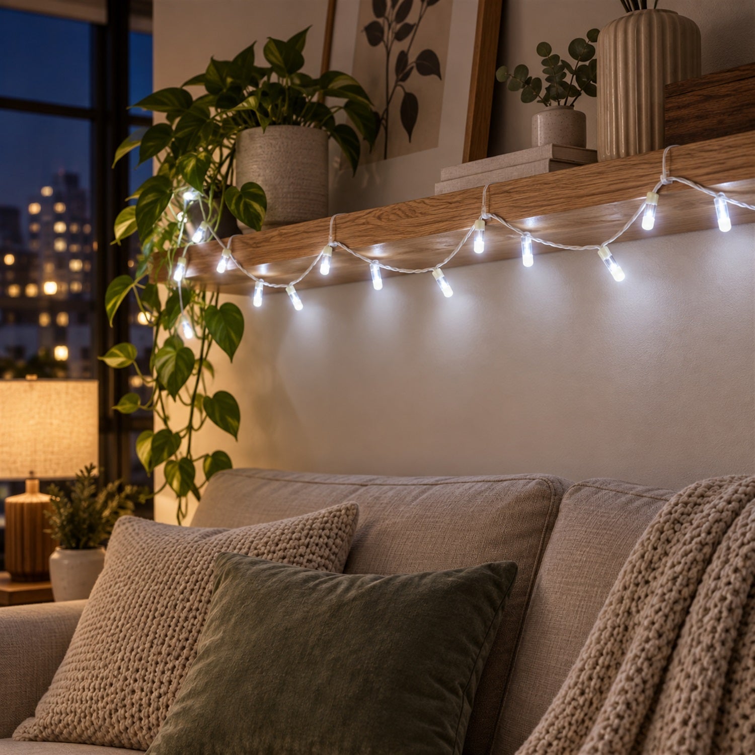 White LED string lights strung along a wooden shelf above a beige sofa with decorative pillows.