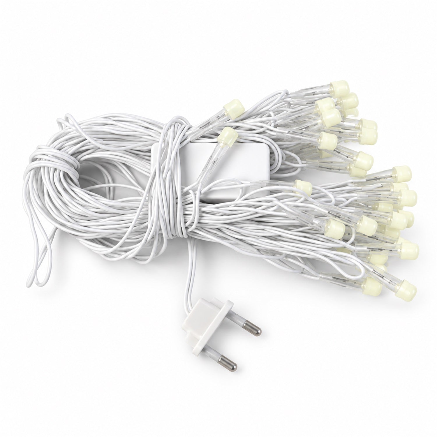 A coiled white string of LED lights with a two-pin electrical plug on a clean white background.