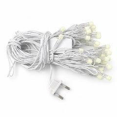 A coiled white string of LED lights with a two-pin electrical plug on a clean white background.