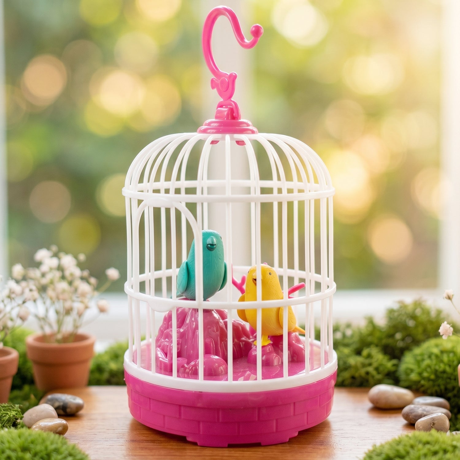 Children playing with a pink and white talking bird cage toy for imaginative fun.