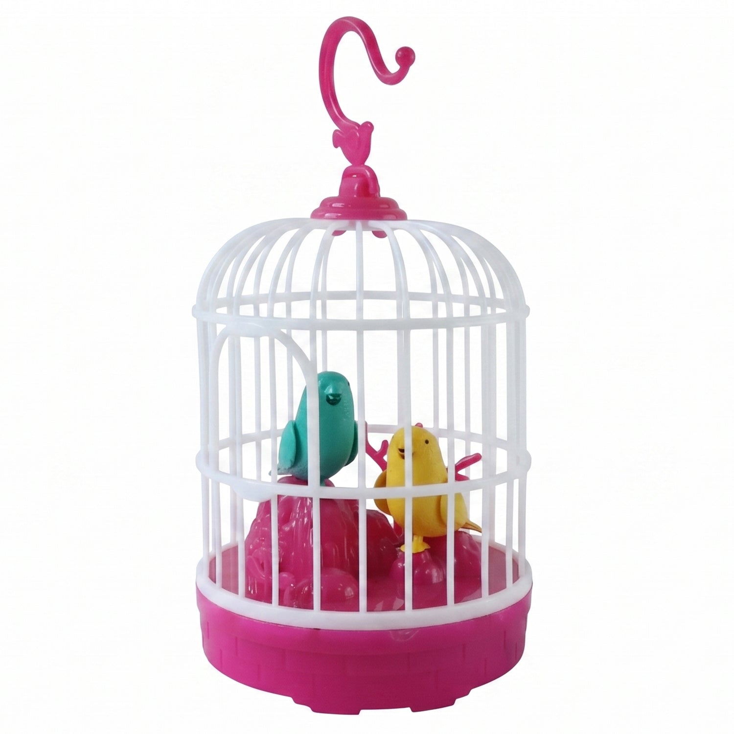 Durable plastic talking bird cage toy with colorful design for childrenâ€™s indoor play.