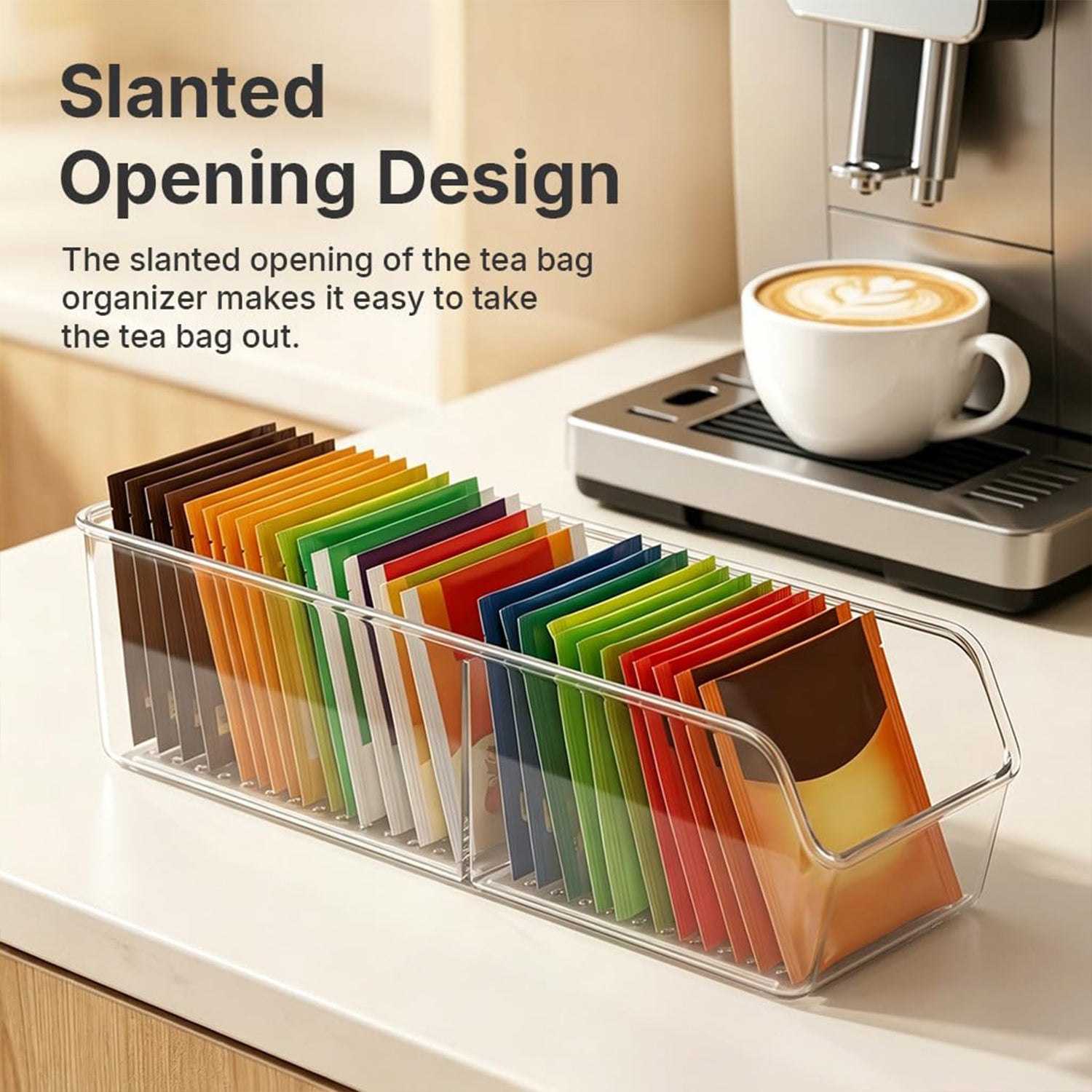 Clear plastic organizer with a slanted opening, holding many colorful tea bags next to a coffee machine with a latte.