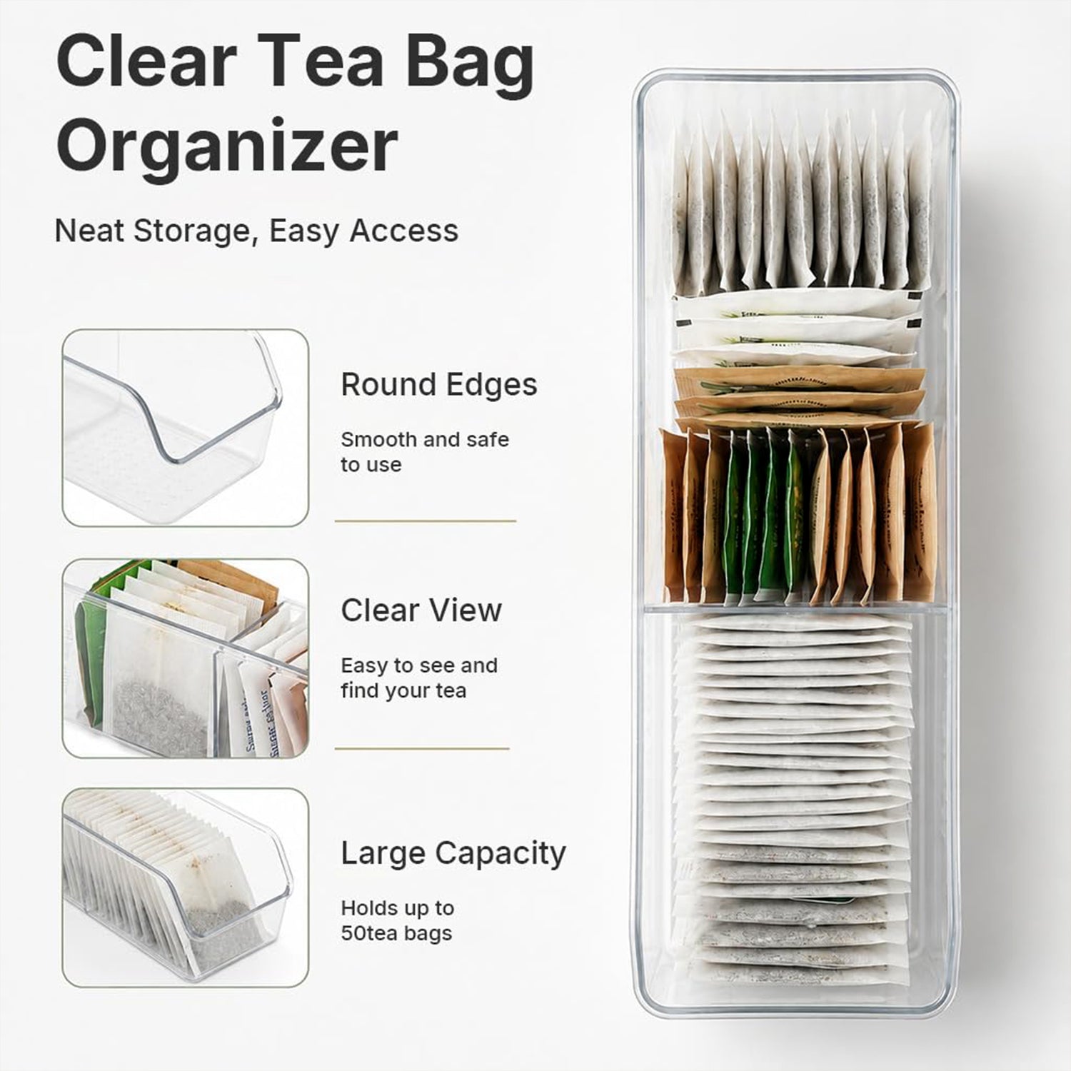 Top-down view of a clear plastic tea bag organizer filled with various tea bags, highlighting its features like round edges
