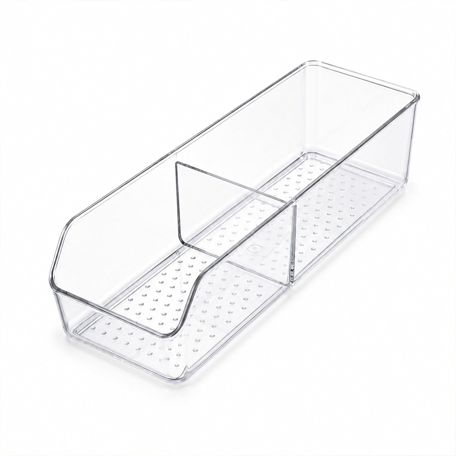 Empty clear plastic rectangular organizer with two internal dividers and a textured, perforated bottom on a white surface.