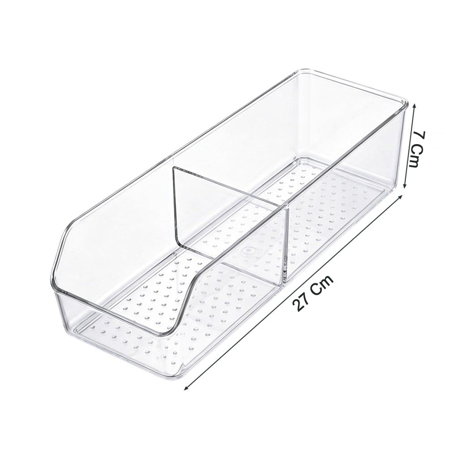 Clear plastic storage bin with two compartments, showing dimensions of 27 cm length and 7 cm height on a white background.