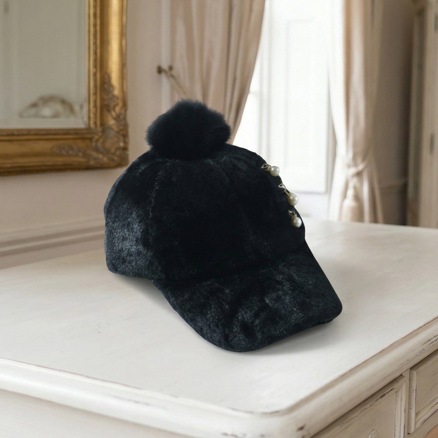 Plush winter cap texture close-up