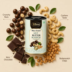 Close-up of Effete Choco Coated Nut Butterscotch Chocolate pieces in a golden wrapper.