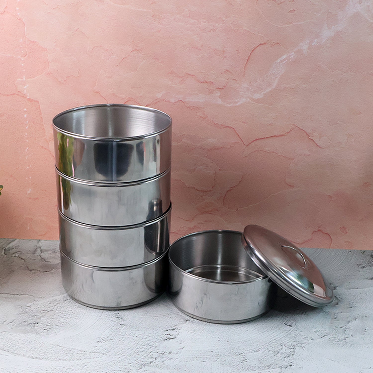 Empty stainless steel lunch box, top view