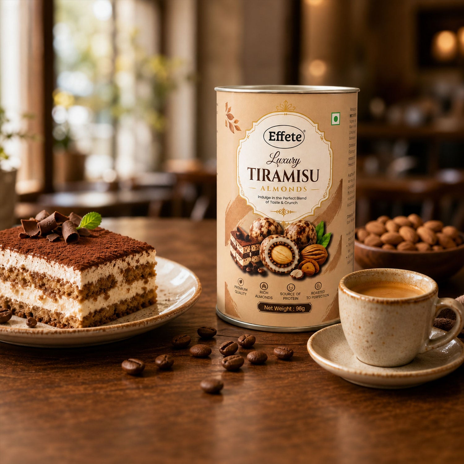 The Effete Luxury Tiramisu Almonds canister is next to a slice of tiramisu cake and a cup of coffee on a wooden table.