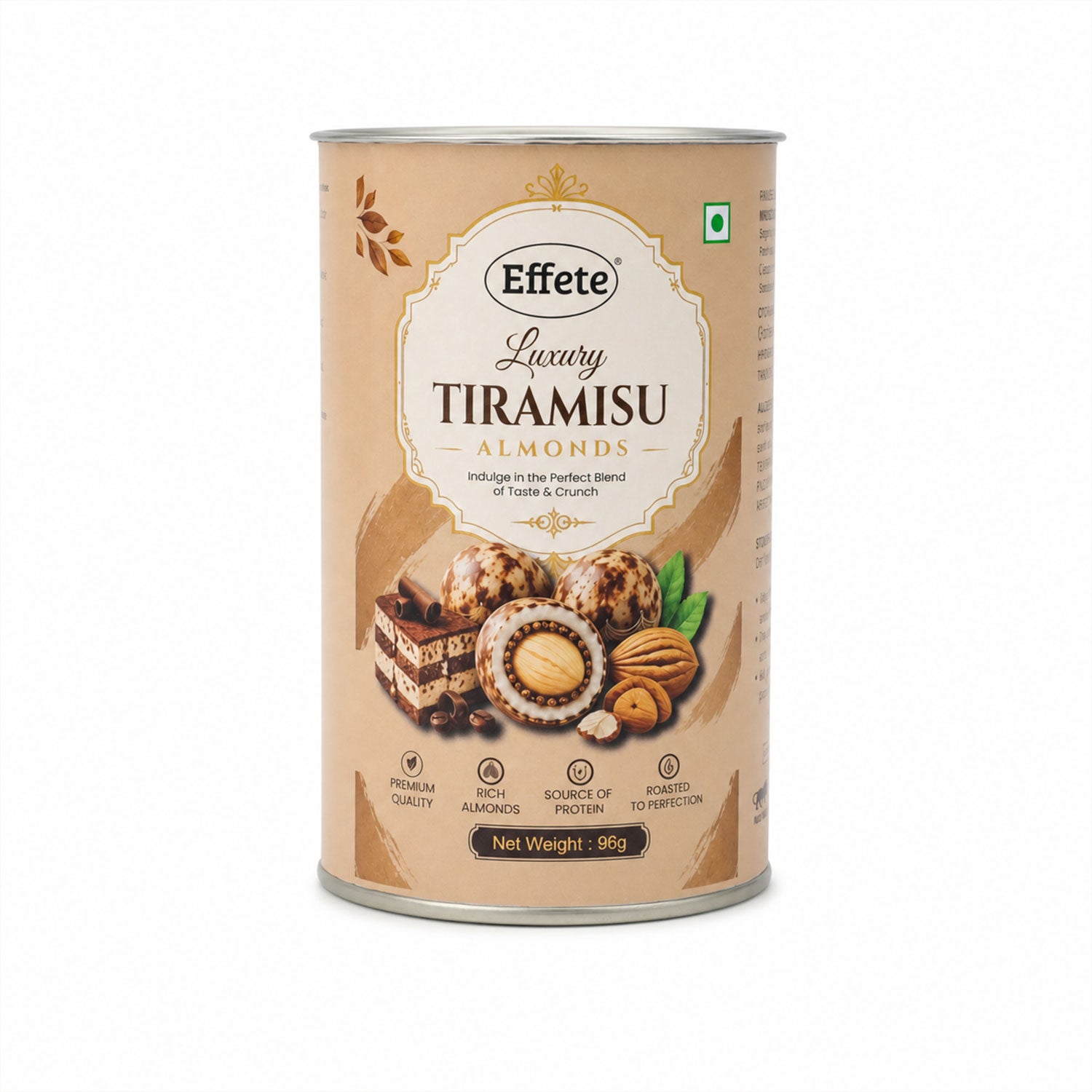 A tall, cylindrical Effete Luxury Tiramisu Almonds canister with a beige label on a plain white background.