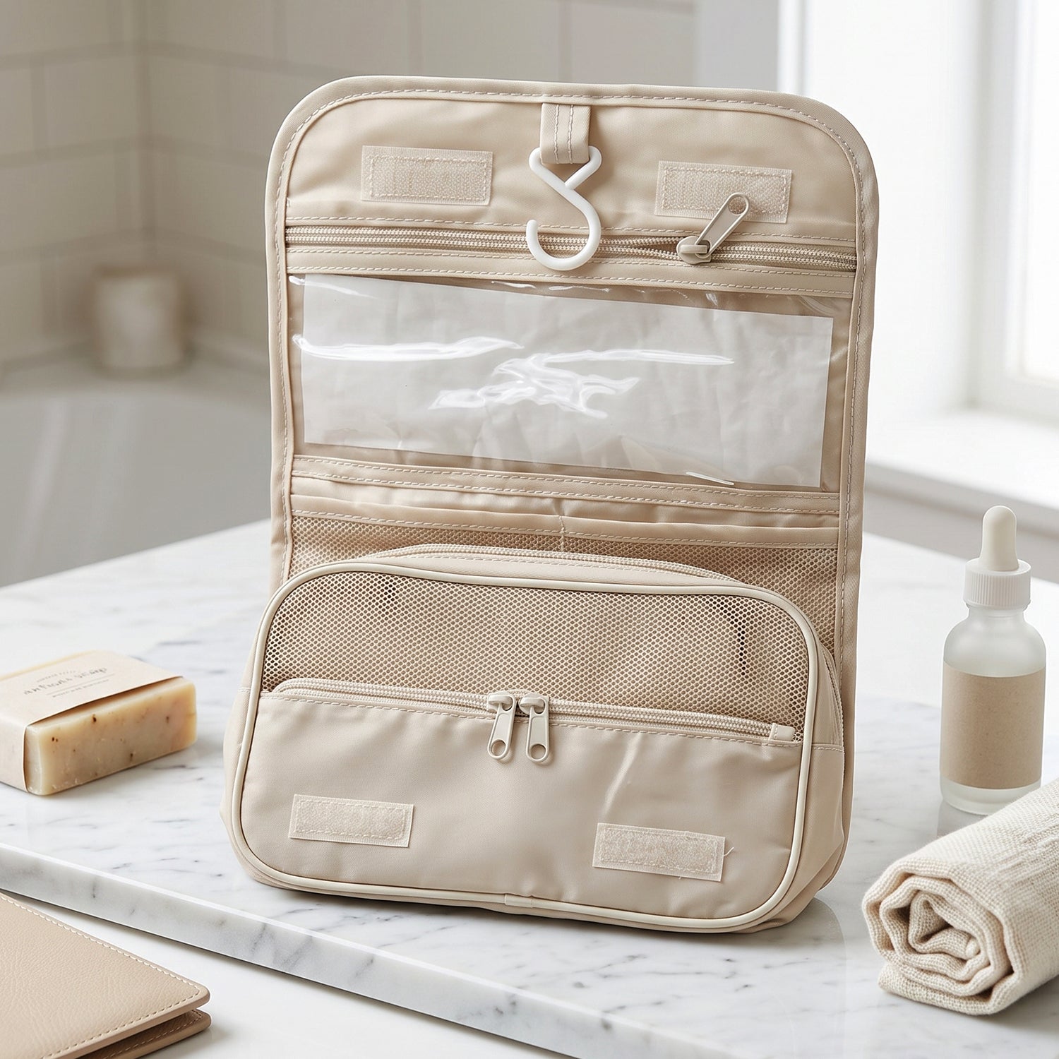 A beige hanging toiletry bag with empty clear and mesh pockets, positioned in a bathroom setting.