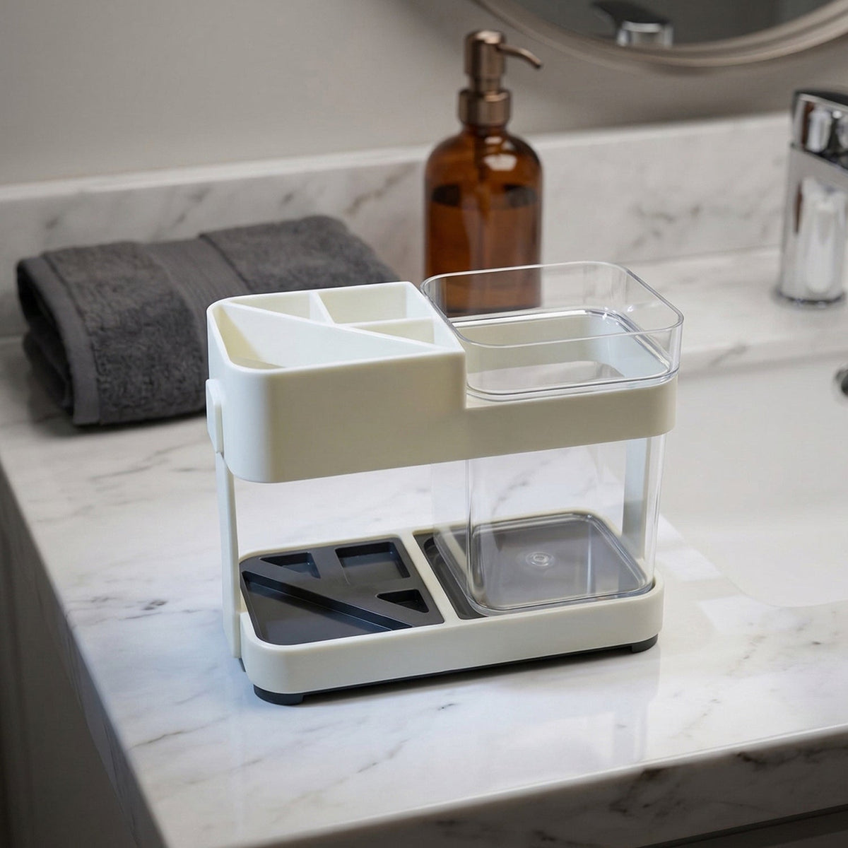 Multipurpose toothbrush holder set in bathroom