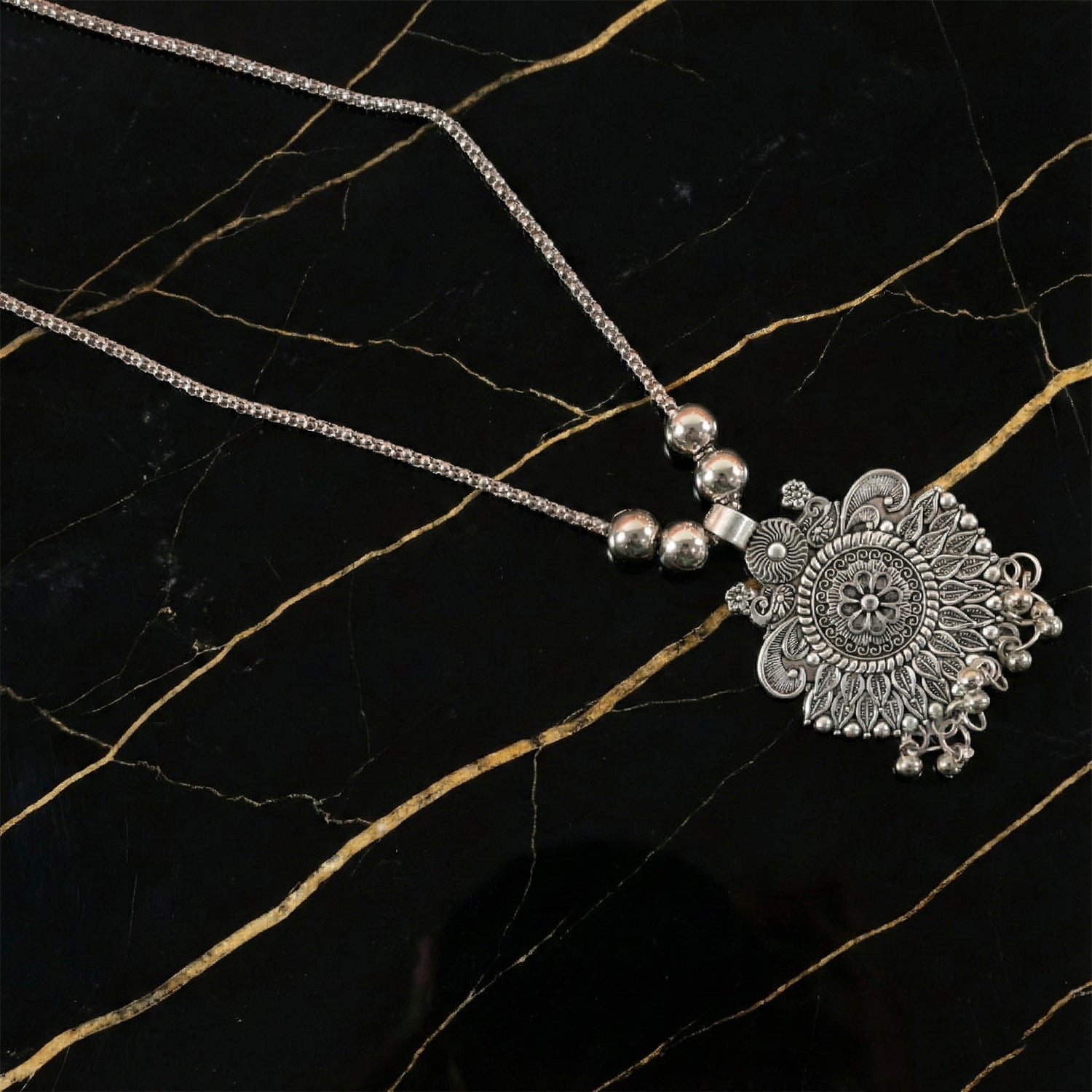 Oxidized Silver Finish Sunburst Floral Pendant Necklace (1 Pc)