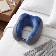 U Shaped Memory Foam Neck Pillow Blue Grey Travel Pillow with Snap (1 Pc)