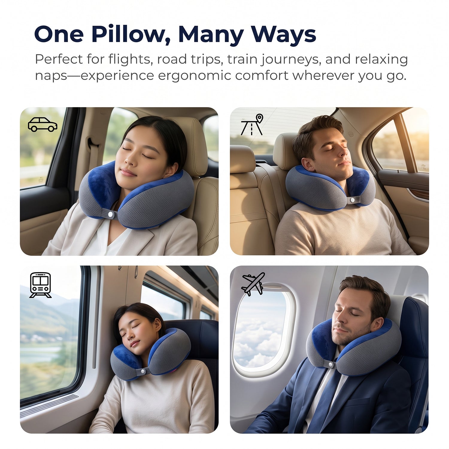 U Shaped Memory Foam Neck Pillow Blue Grey Travel Pillow with Snap (1 Pc)