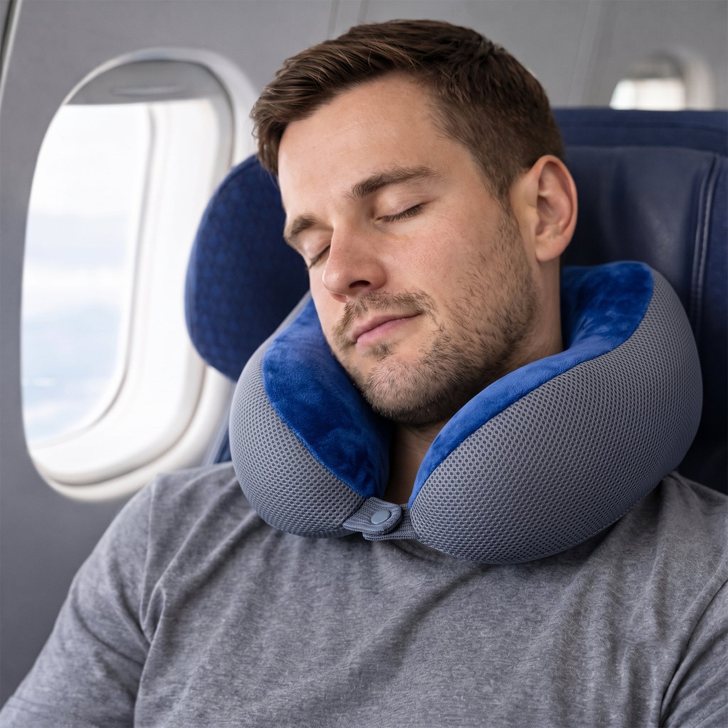 U Shaped Memory Foam Neck Pillow Blue Grey Travel Pillow with Snap (1 Pc)