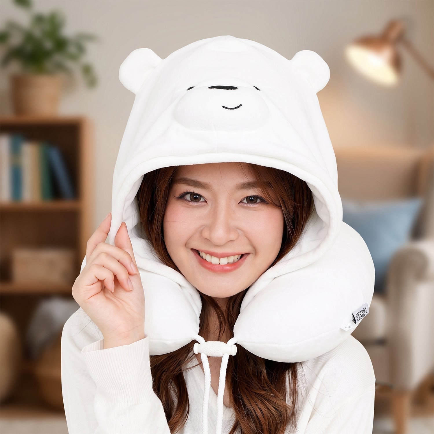U Shaped Hooded Neck Pillow White Bear Travel Pillow with Hood Cap (1 Pc)