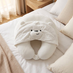 U Shaped Hooded Neck Pillow White Bear Travel Pillow with Hood Cap (1 Pc)