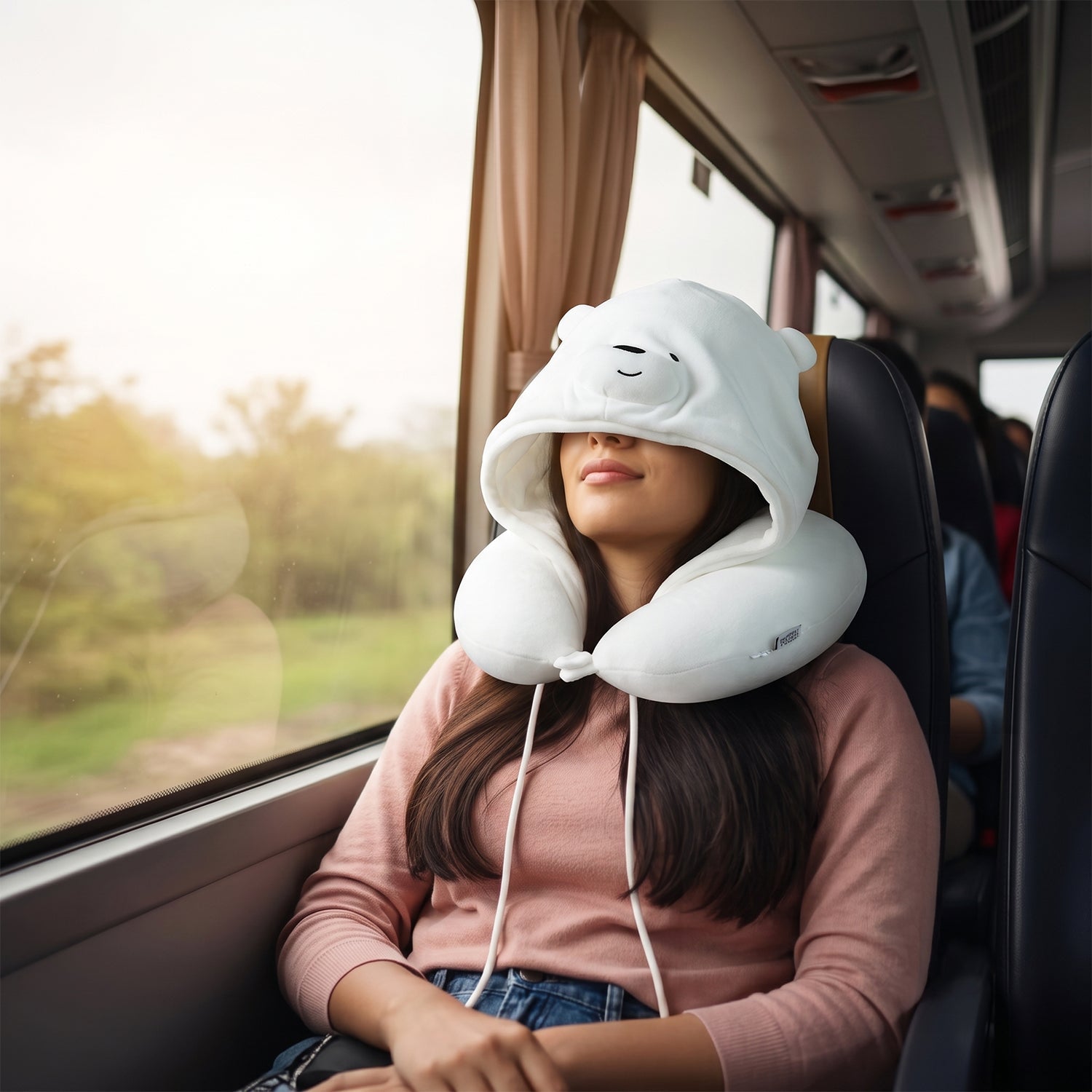 U Shaped Hooded Neck Pillow White Bear Travel Pillow with Hood Cap (1 Pc)