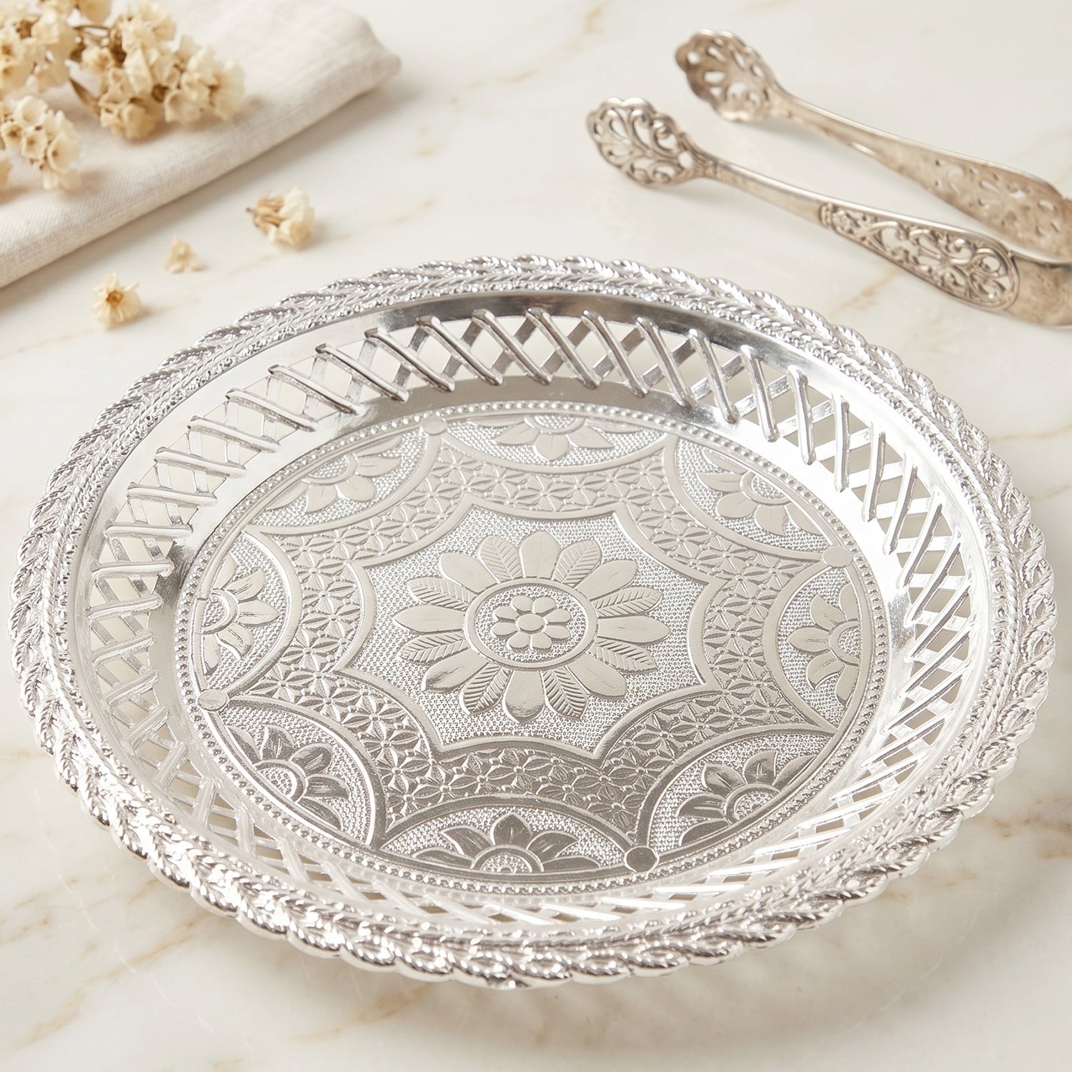 Decorative silver tray for center table and gifting