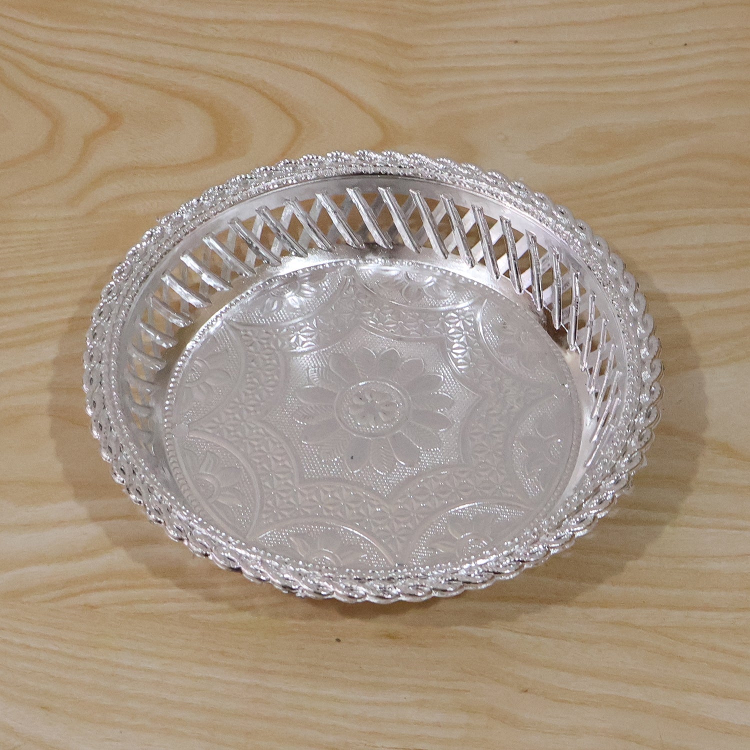 Premium silver serving tray with embossed floral design