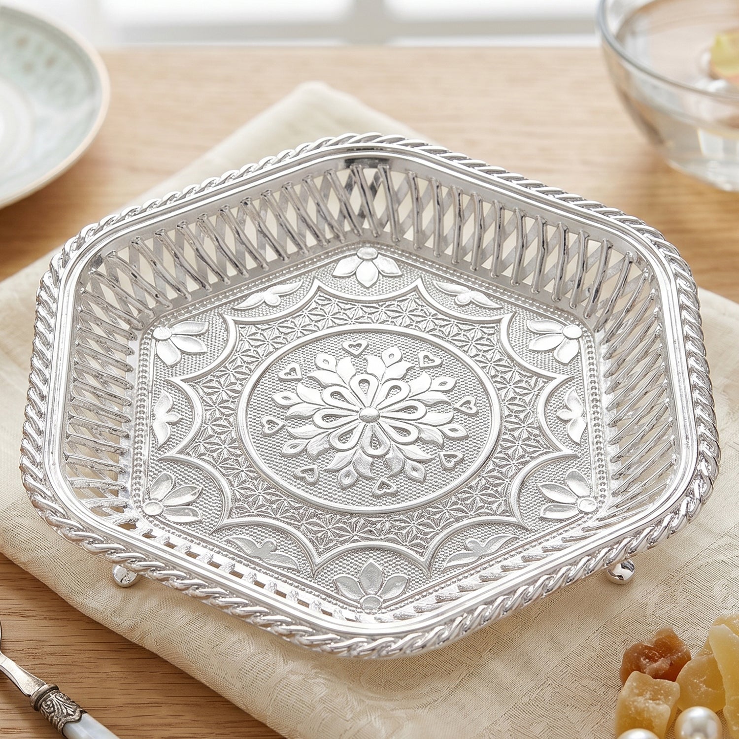 Premium silver serving tray with decorative embossed floral pattern