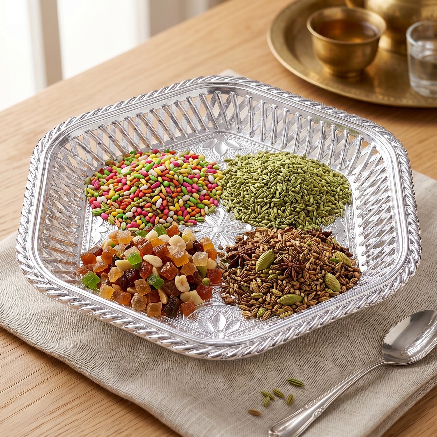 Luxurious embossed floral design silver tray for serving snacks and sweets