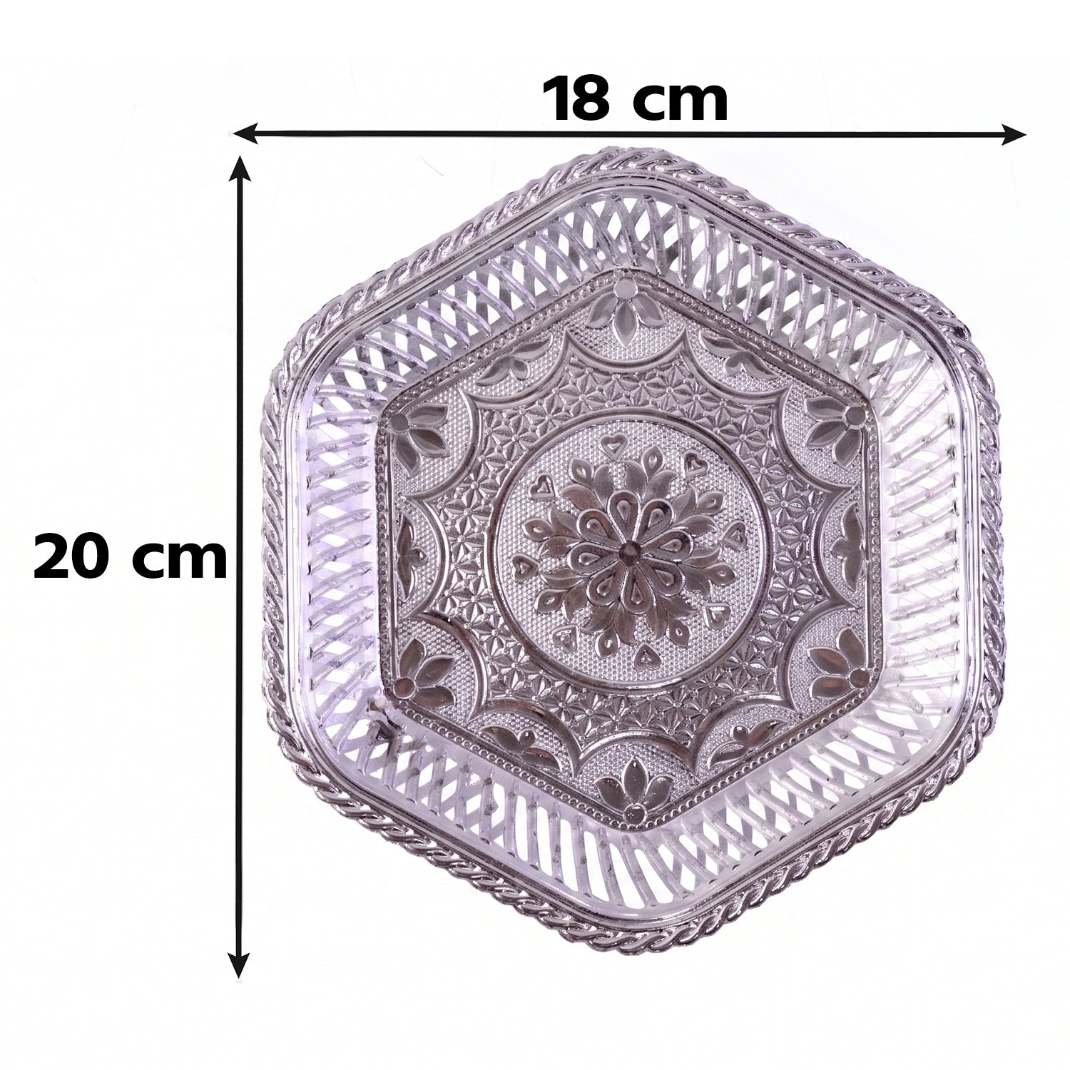Stylish silver serving platter with lattice border for elegant table presentation
